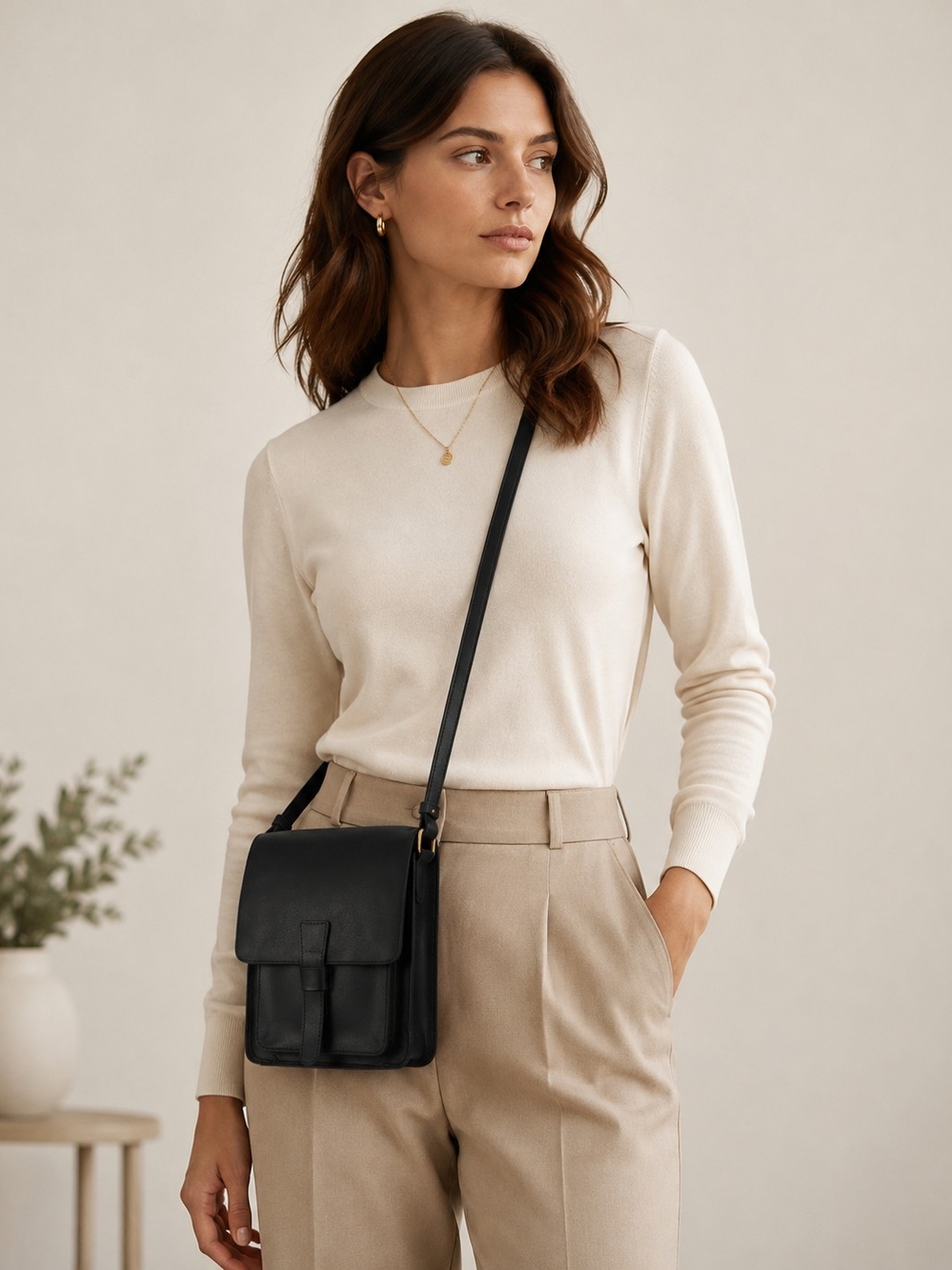 Classic Black Leather Crossbody Bag - Minimalist Women's Shoulder Bag